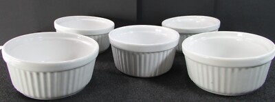 THRESHOLD 4.25'' Soufflé Dishes Porcelain White Glaze Vertical Stripe - Lot of 5