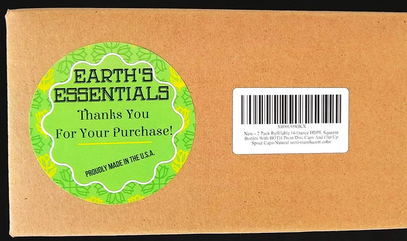 2 Pack Refillable 16 Ounce HDPE Squeeze Bottles With BOTH Press Disc Caps and Fl