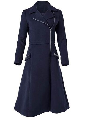 VENUS Long Asymmetrical Zipper Coat  US Size: 4  NAVY Long Fitted Peacoat