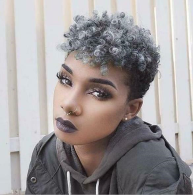 Women Short Afro Kinky Curly Synthetic Wigs Grey mixed Black Pixie