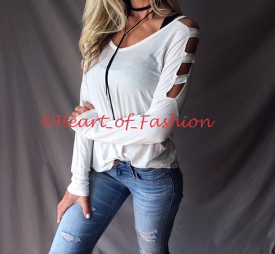 Women's Ivory Cold Shoulder Ladder Cutout Sleeve Relaxed Casual V-Neck Loose Top