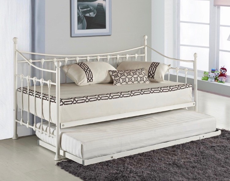 White shabby chic single day bed with single trundle guest bed