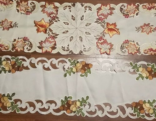 Autumn Fall Summer Tablecloth Table runner Doily Leaf Acorn Embroidery Lot of 2