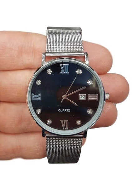 Orologio Da Polso Unisex Analogico Quarzo Data Brillantini Silver Fondo Nero lac