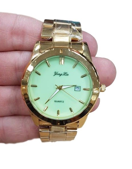 Orologio Polso Uomo Analogico Quarzo Datario Elegante Dorato Quad Verde lac