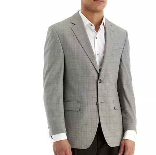 Pre-owned Perry Ellis Modern Stretch Fit 2-button Plaid Suit Jacket Size 38 R Gray