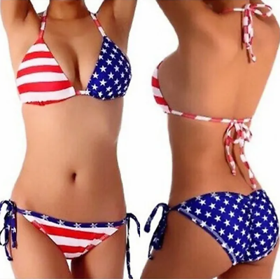 American Flag Print Halter Triangle Bikini Swimsuit - Sexy, 4th of