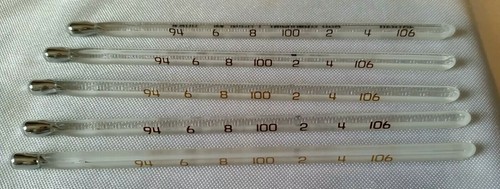 5 Vintage Murcury Glass Oral Thermometers Faichney Mich 1 Rectal  USA Prop