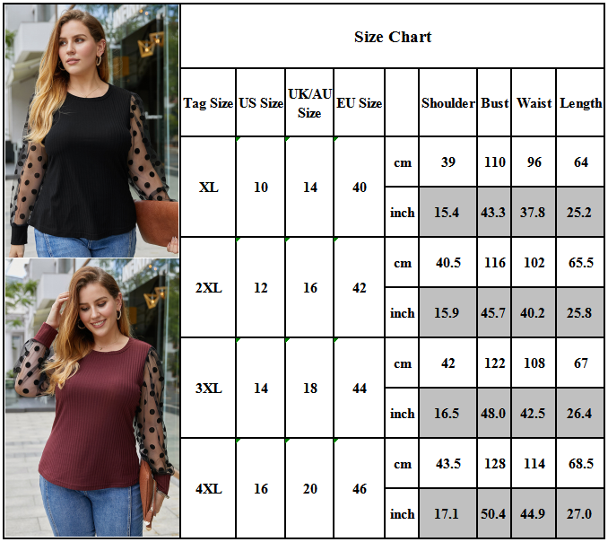 Damenmode Mesh Tupfen Langarmshirt Hemd Tops Rundhals TShirt Bluse Übergröße