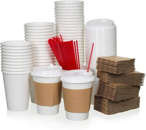 20oz [50 Set] Disposable White Paper Coffee Cups with Lids, Sleeves and Stirrer