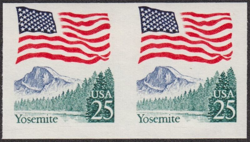 1989 Imperf Pair Mnh 25¢ Flag Over Yosemite #2280b F-vf,  Block Tag Catalog $25