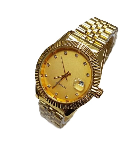 Orologio Polso Uomo Analogico Automatico Datario Elegante Oro Quad Dorato lac