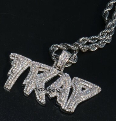 Pre-owned Nsg 1.99ct Genuine Moissanite Custom "trap" Layer Name Pendant Rope Chain 925 Silver In White