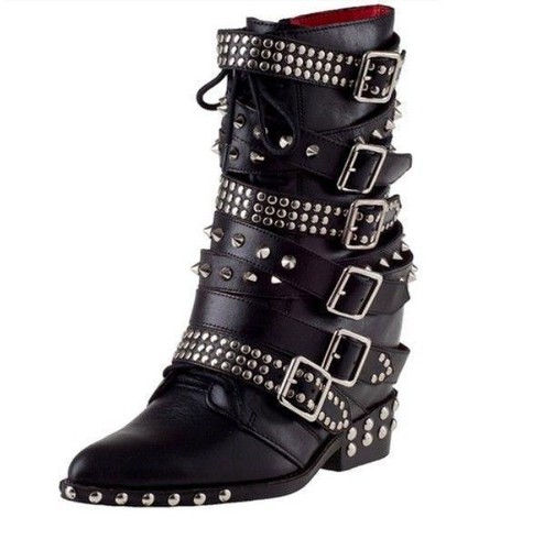 Gothic Pointy Toe Buckle Strappy Studs Spike Rivet Leather