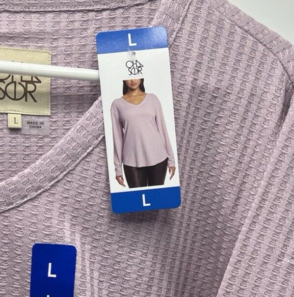 Women's Size Large Chaser Waffle Weave Thermal V-Neck Top Long Sleeve Pink