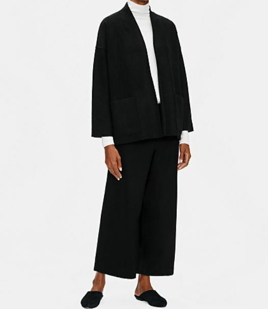 Pre-owned Eileen Fisher System High Collar Boiled Wool Kimono Jacket In Black Sz M