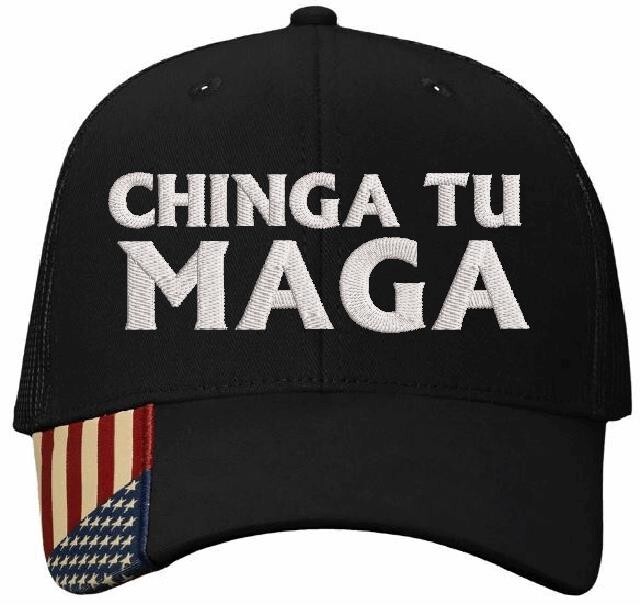 Chinga Tu MAGA Hat - Embroidered Black Adjustable Hat with USA Flag Brim