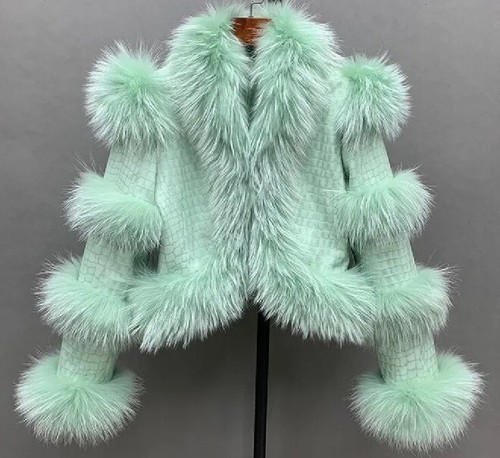 Pre-owned Handmade Women's Alligator Crocodile Print Leather Jacket Silver Fox Fur Collar All Sizes