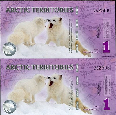 Arctic Territories 1 Dollar 2012 Polymer UNCUT SHEET 2 UNC