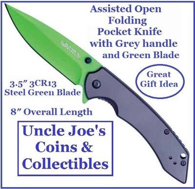 Inexpensive Folding Pocket Knives: Grey Handle and Green Blade = Every Day Carry