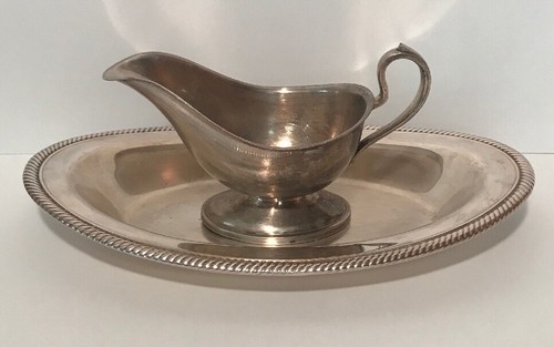 Antique Silver Plated Gravy Pouring Boat Bowl & Serving Dish Tray