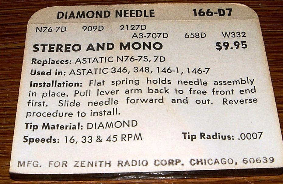Stereo NEEDLE for Astatic N76-7s RCA 123489 Vanity Fair, BEE GEE, EV2127 166-S7
