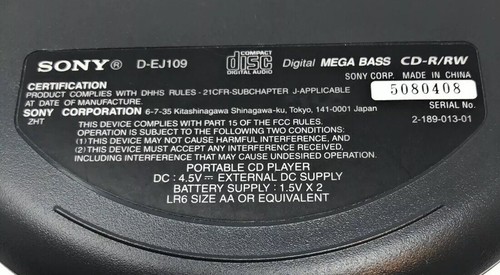 Sony D-EJ109 CD Player Walkman / Discman Mega Bass w/ G-Protection CD-RW