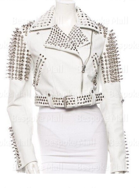 Pre-owned Handmade Women's White Punk Silver Metallic Spiked Studded Real Leather Jacket-902