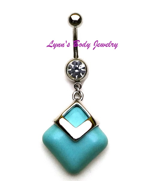 3d Turquoise Square Clear Cz Surgical Steel Dangle Belly Navel Ring