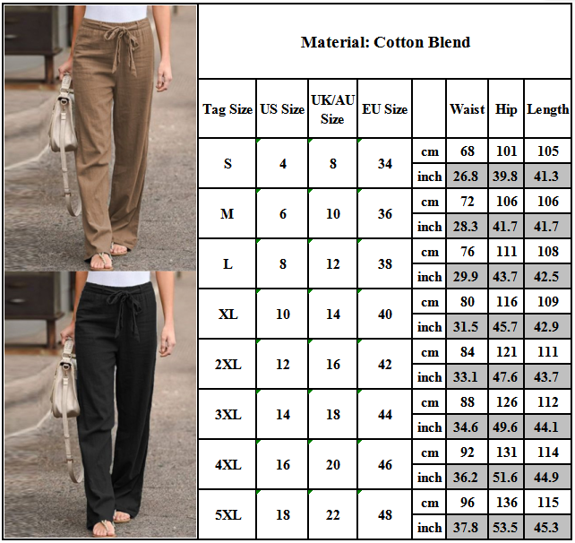 Womens Cotton Pants Casual Wide Leg Trousers Elastic Waist Loose Long Bottoms | eBay