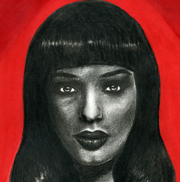 Egyptian princess woman portrait original ink pencil drawing acrylics face red