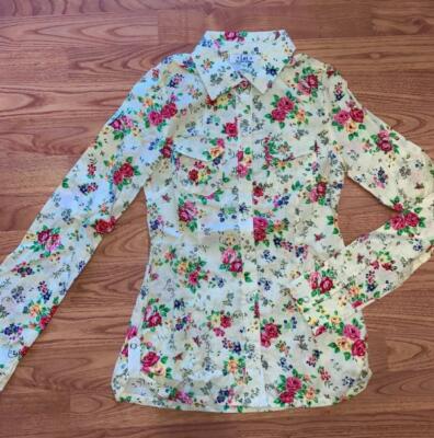 LADIES LEI JR SMALL~FLORAL BLOUSE~LONG SLEEVE~SNAP FRONT~YELLOW~WESTERN SHIRT~NE