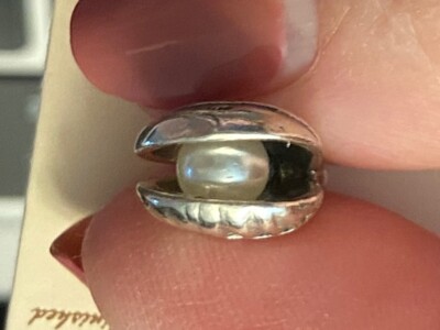 Sterling Silver 3D 11x17mm Oyster Clam Shell faux Pearl bead inside Beach Charm