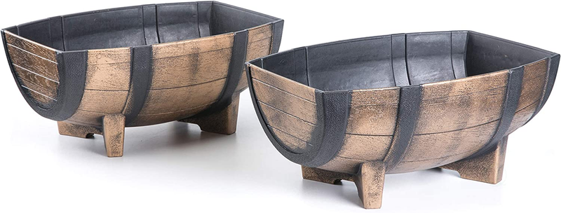 Rustic Wood- Look Plastic Half Barrel Flower Pot Garden Planter, Pack of 2