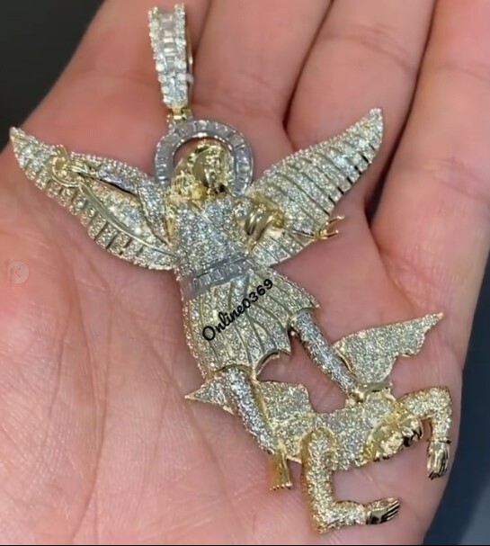 Pre-owned Online0369 3.30ct Baguette Cubic Zirconia Mens Saint Michael Charm Pendant Silver Stud In White