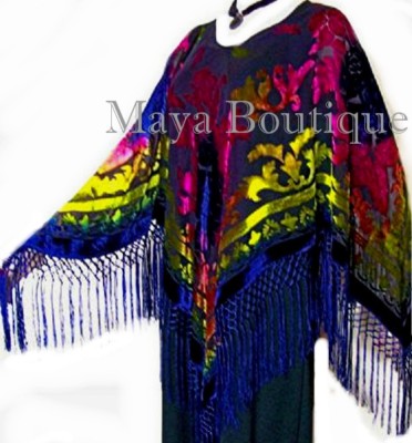 Pre-owned Maya Matazaro Tye Dye Poncho Shawl Fringe Top Burnout Velvet Blue Pink Multi  In Blue Pink Multi-color