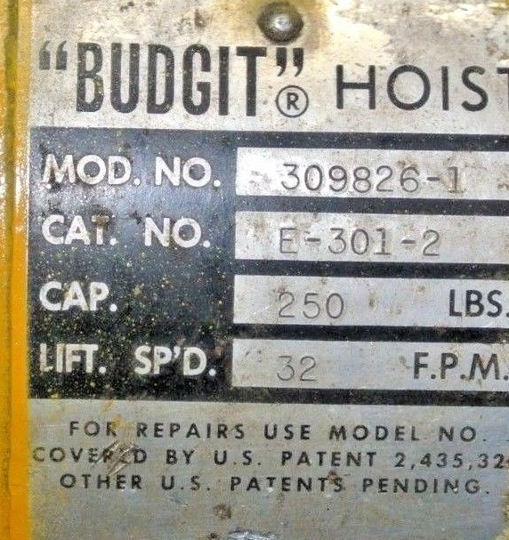Budgit Chain Hoist 250lbs Capacity  !0