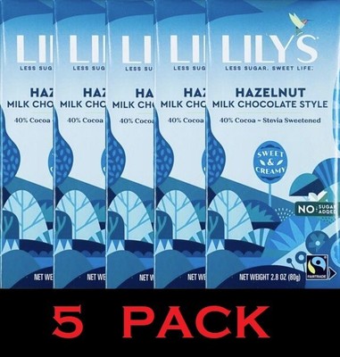 LILYS HAZELNUT Milk Chocolate Style STEVIA SWEETENED 40% Cocoa 2.8 oz 5 PK