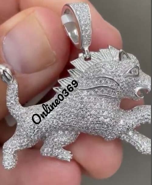 Pre-owned Online0369 2.23ct Genuine Moissanite Men's 3d Lion Charm Pendant White Gold Plated Silver