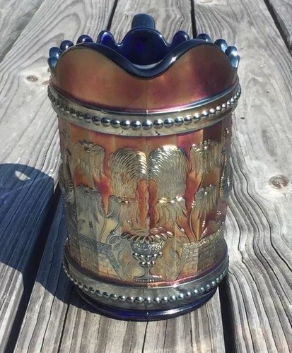 Beautiful Northwood Carnival Glass Peacock at the Fountain Pitcher Cobalt Blue