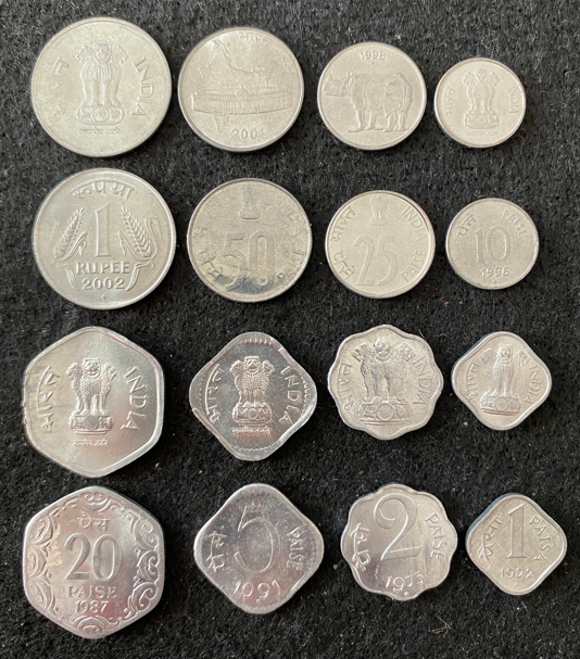 India 8 Coins Set 1 Rupee, 1, 2, 5, 10, 20, 25, 50 Paise UNC