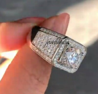 Pre-owned Nsg Attractive 3ct Genuine Moissanite Men's Statement Charm Wedding Ring 925 Silver In White
