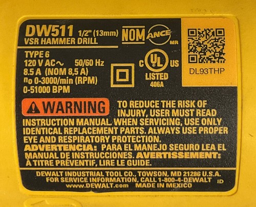 Pre-Owned DEWALT DW511 1/2" (13mm) VSR Single Speed Hammer Drill