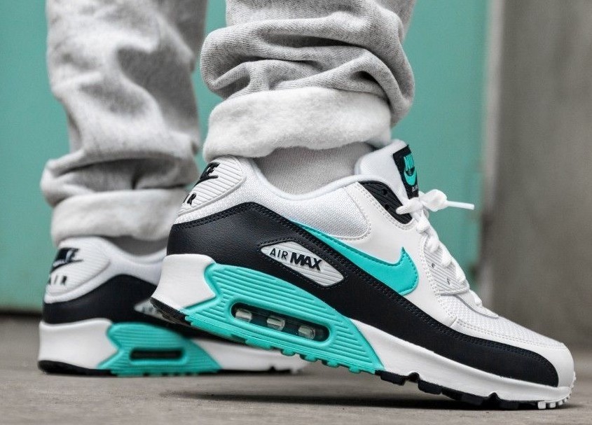 New NIKE Air Max 90 Essential Mens white green obsidian all Nike Mens Air Max 90 Essential Running Shoes WhiteAurora GreenObsidian AJ1285 102 Size 11