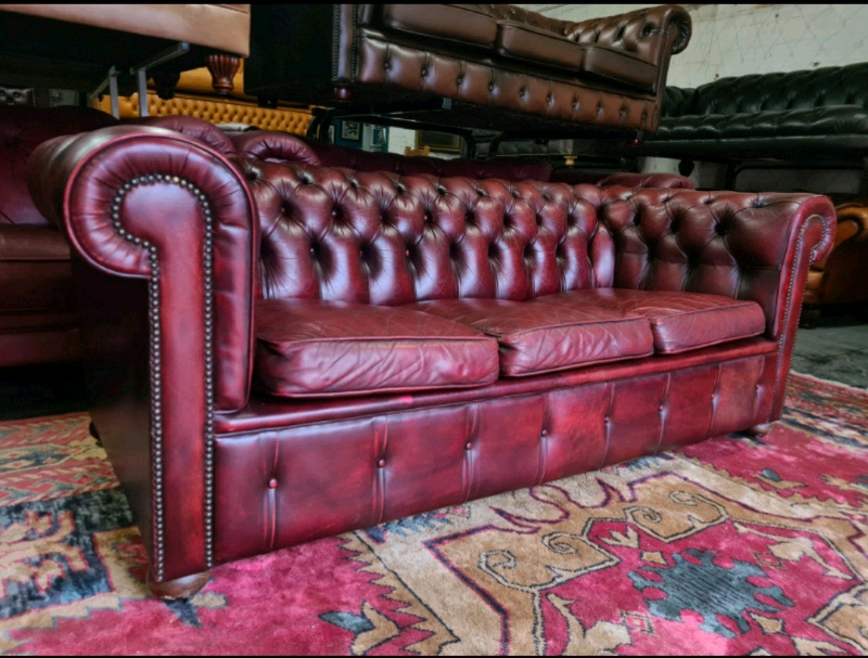 Chesterfield 3 Seater Sofa Oxblood Red, Oxblood Red Chesterfield 3 Seater Leather Sofa