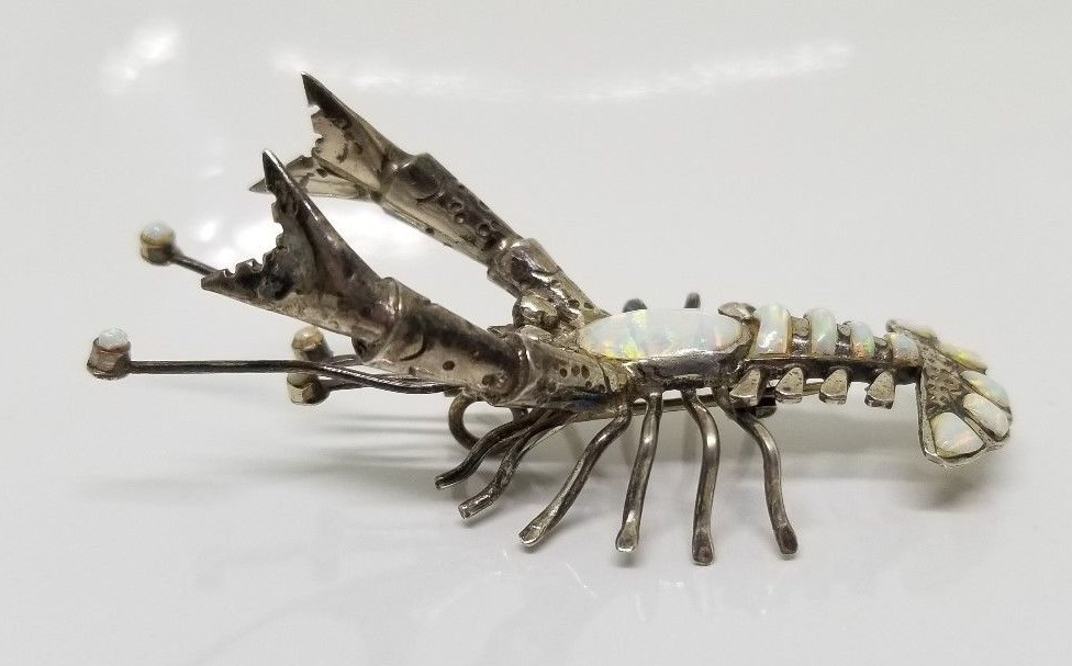 Vintage Sterling Silver Fire Opal Lobster Crawfish Crayfish Brooch Pin Pendant