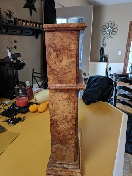 Maple burl miniature grandfather clock, birdseye spaltic.. hand crafted