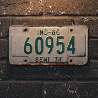 Indiana 1986 Semi Trailer License Plate Green White IND-86 60954 Vintage Patina