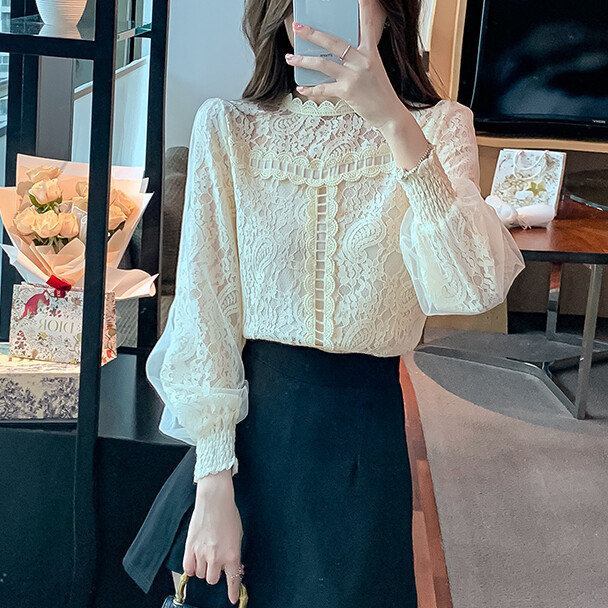 Women Lace Shirt Mesh Blouse Long Puff Sleeve Hollow Out