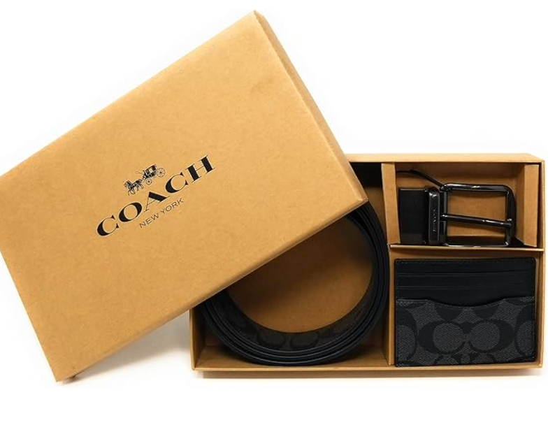 Pre-owned Coach Men's Boxed Card Case And Belt Gift Set In Colorblock Signature Canvas In Black